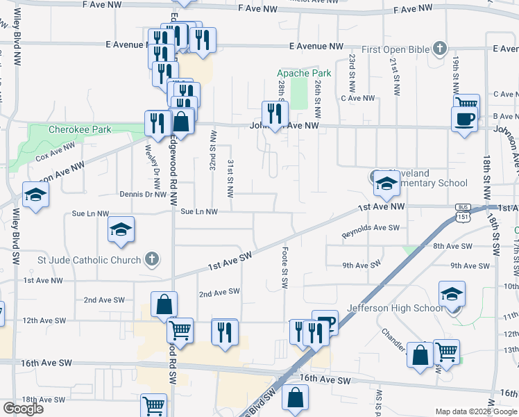 map of restaurants, bars, coffee shops, grocery stores, and more near 2900-2986 Dennis Drive Northwest in Cedar Rapids