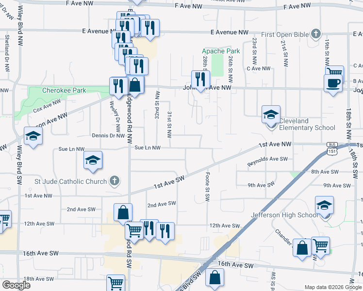 map of restaurants, bars, coffee shops, grocery stores, and more near 2988 Dennis Drive Northwest in Cedar Rapids