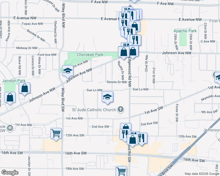 map of restaurants, bars, coffee shops, grocery stores, and more near 3600-3620 Dennis Drive Northwest in Cedar Rapids