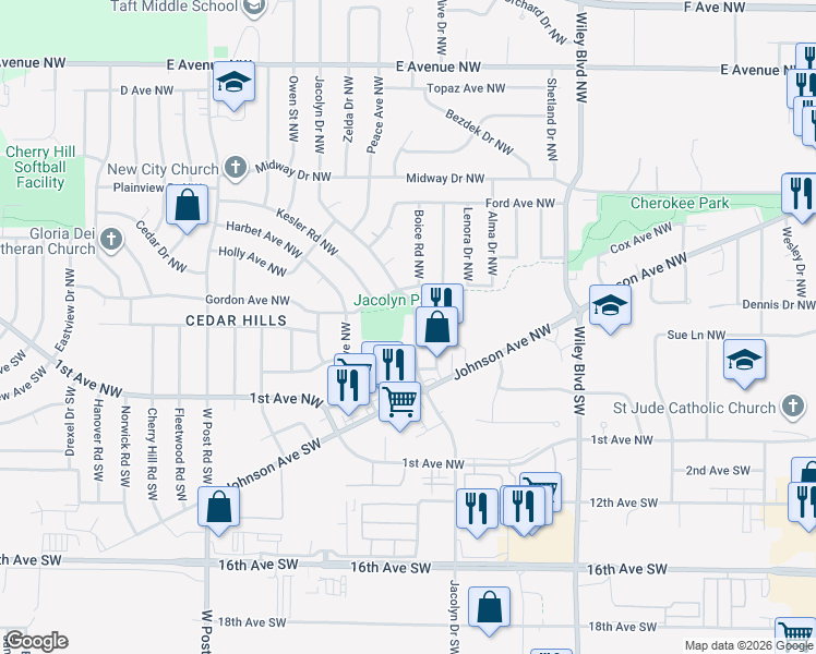 map of restaurants, bars, coffee shops, grocery stores, and more near 188-198 Jacolyn Drive Northwest in Cedar Rapids