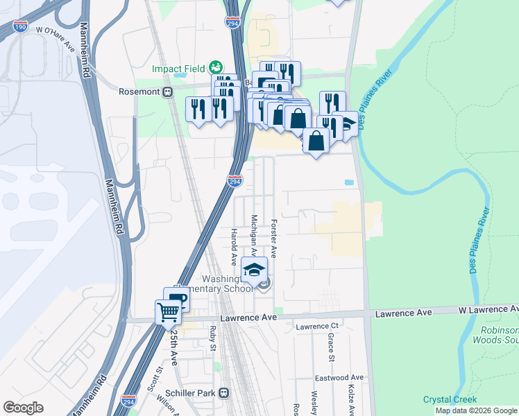 map of restaurants, bars, coffee shops, grocery stores, and more near 5101 Michigan Avenue in Schiller Park