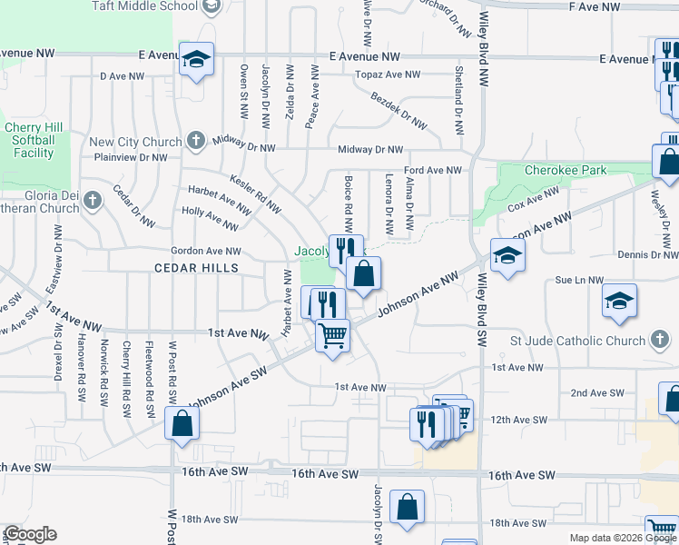 map of restaurants, bars, coffee shops, grocery stores, and more near 188-198 Jacolyn Drive Northwest in Cedar Rapids