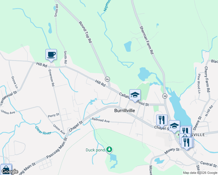 map of restaurants, bars, coffee shops, grocery stores, and more near 0 Round Top Road in Burrillville