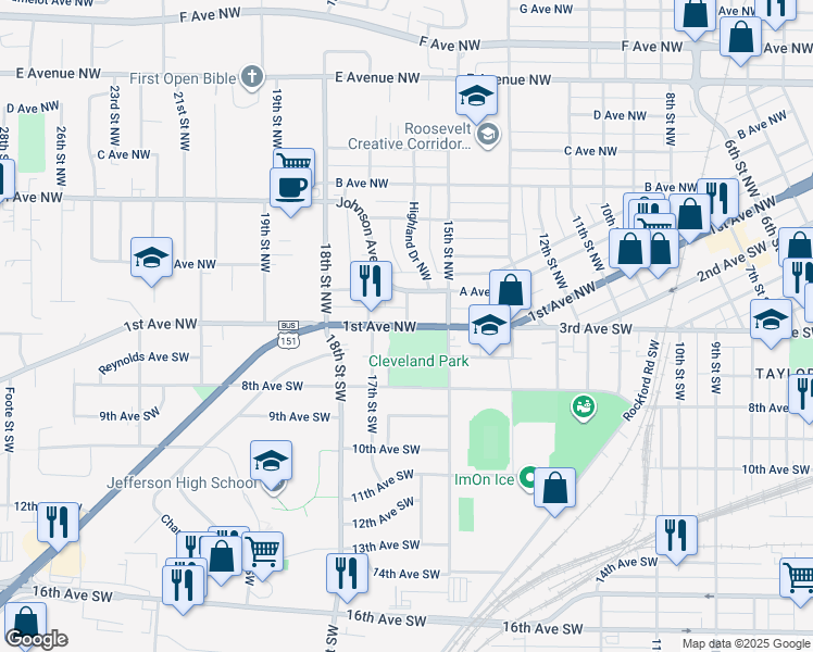 map of restaurants, bars, coffee shops, grocery stores, and more near 100 16th Street Northwest in Cedar Rapids