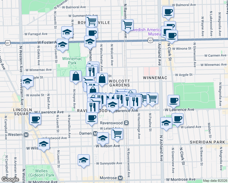 map of restaurants, bars, coffee shops, grocery stores, and more near 4926 North Wolcott Avenue in Chicago