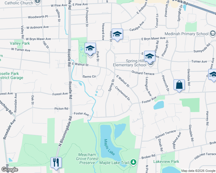 map of restaurants, bars, coffee shops, grocery stores, and more near 612 Spring Street in Roselle