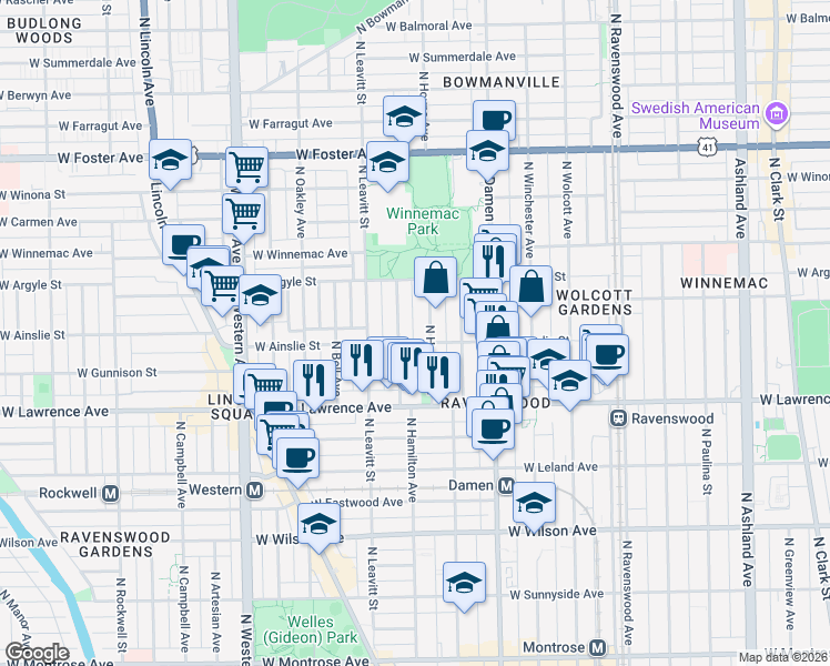 map of restaurants, bars, coffee shops, grocery stores, and more near 2110 West Ainslie Street in Chicago