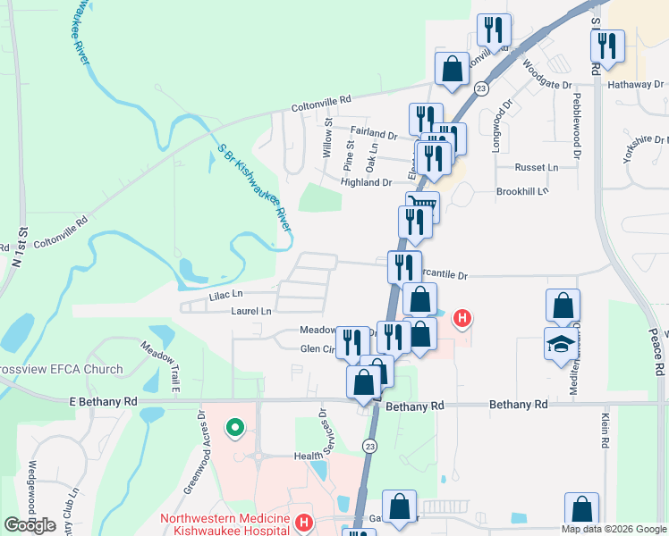 map of restaurants, bars, coffee shops, grocery stores, and more near 2323 Hawthorne Lane in Sycamore