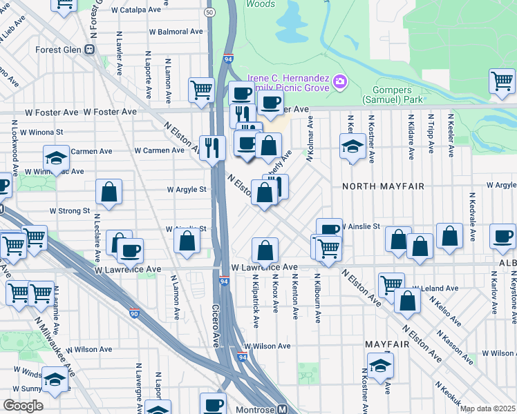 map of restaurants, bars, coffee shops, grocery stores, and more near 4995 North Elston Avenue in Chicago
