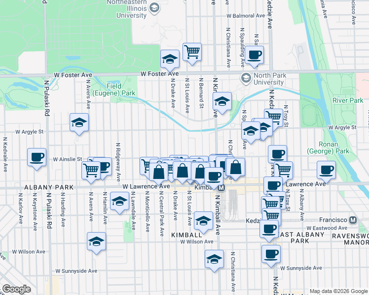 map of restaurants, bars, coffee shops, grocery stores, and more near 4943 North Saint Louis Avenue in Chicago
