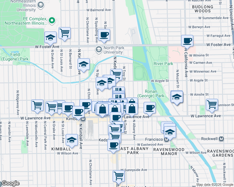 map of restaurants, bars, coffee shops, grocery stores, and more near 4941 North Kedzie Avenue in Chicago