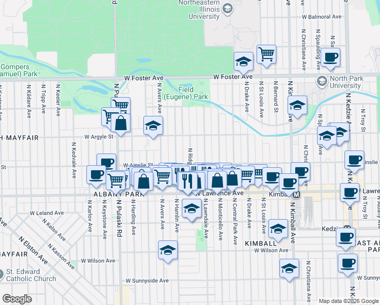map of restaurants, bars, coffee shops, grocery stores, and more near 4920 North Ridgeway Avenue in Chicago