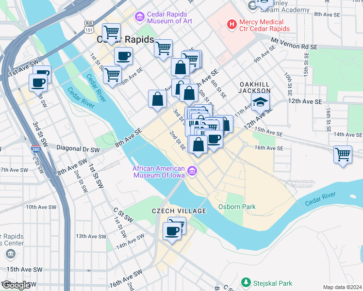 map of restaurants, bars, coffee shops, grocery stores, and more near 1035 2nd Street Southeast in Cedar Rapids