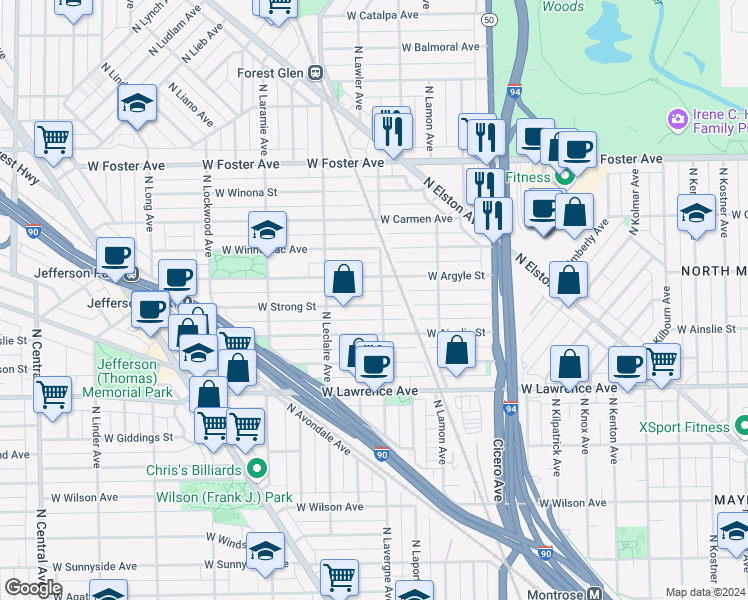 map of restaurants, bars, coffee shops, grocery stores, and more near 5008 West Strong Street in Chicago