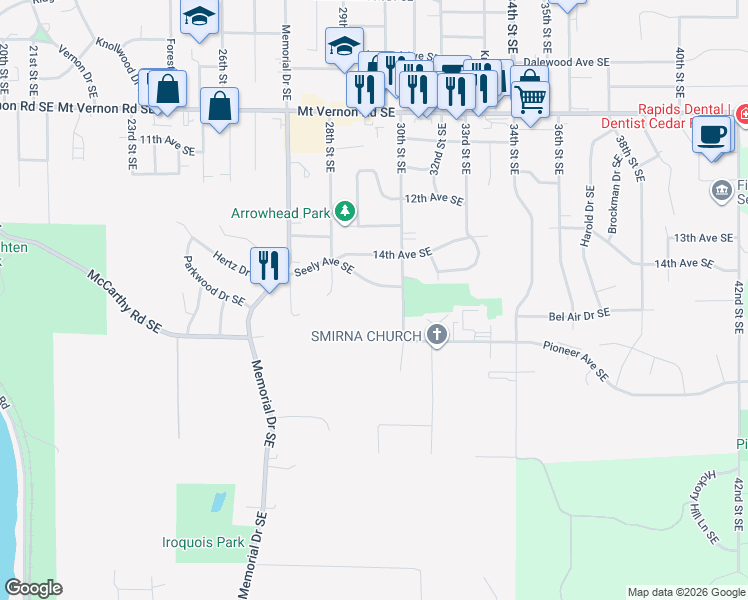 map of restaurants, bars, coffee shops, grocery stores, and more near 2848 Seely Avenue Southeast in Cedar Rapids