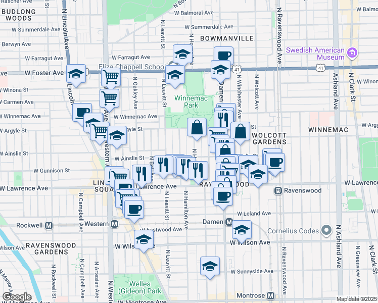 map of restaurants, bars, coffee shops, grocery stores, and more near 2108 West Ainslie Street in Chicago