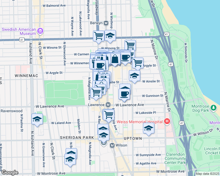 map of restaurants, bars, coffee shops, grocery stores, and more near 1123 West Ainslie Street in Chicago