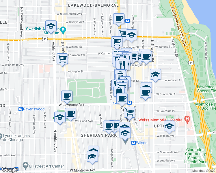 map of restaurants, bars, coffee shops, grocery stores, and more near 4886 North Magnolia Avenue in Chicago