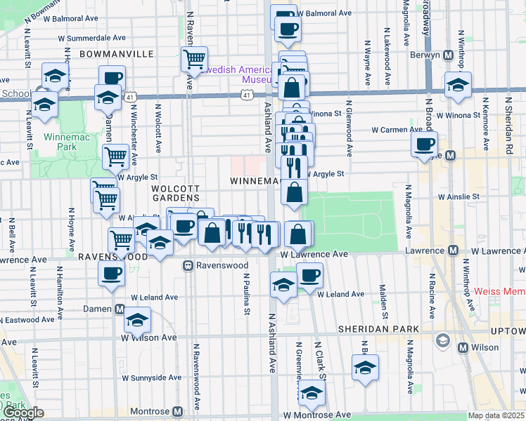 map of restaurants, bars, coffee shops, grocery stores, and more near 4891 North Paulina Street in Chicago