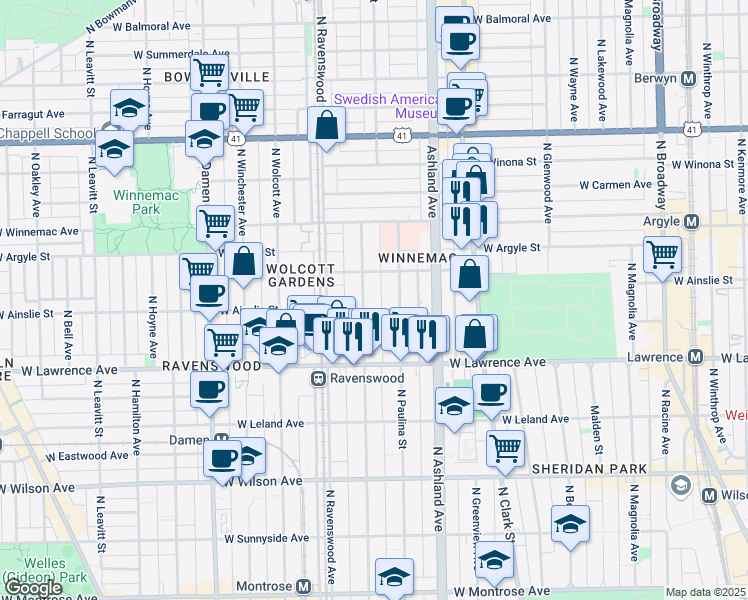 map of restaurants, bars, coffee shops, grocery stores, and more near 4891 North Hermitage Avenue in Chicago