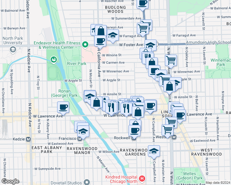 map of restaurants, bars, coffee shops, grocery stores, and more near 4925 North Washtenaw Avenue in Chicago