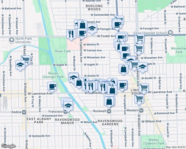 map of restaurants, bars, coffee shops, grocery stores, and more near 4925 North Fairfield Avenue in Chicago