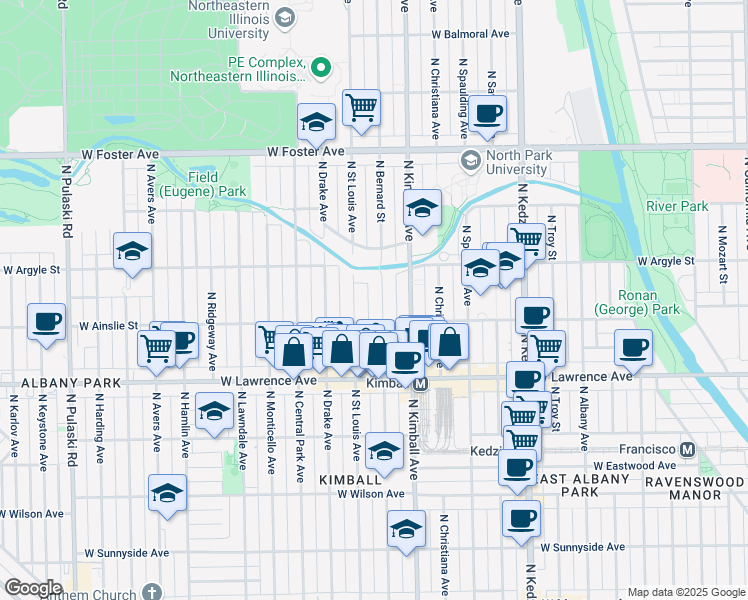 map of restaurants, bars, coffee shops, grocery stores, and more near 4941 North Saint Louis Avenue in Chicago