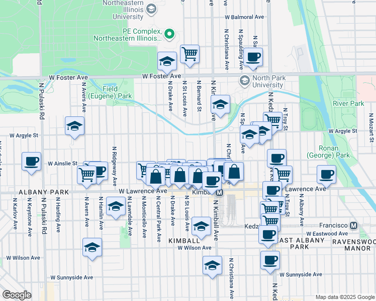 map of restaurants, bars, coffee shops, grocery stores, and more near 4941 North Saint Louis Avenue in Chicago