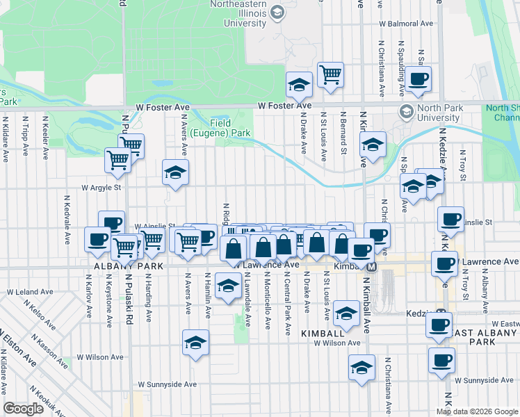 map of restaurants, bars, coffee shops, grocery stores, and more near 4946 North Monticello Avenue in Chicago