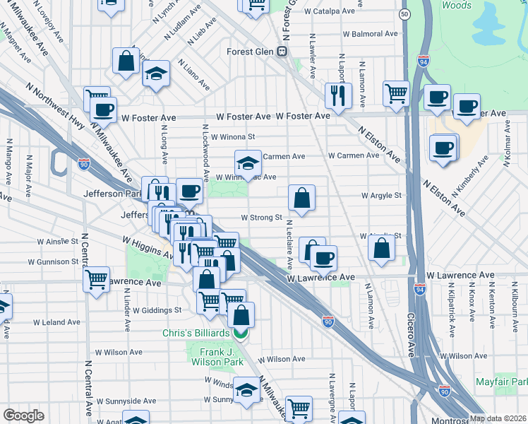 map of restaurants, bars, coffee shops, grocery stores, and more near 5121 West Argyle Street in Chicago