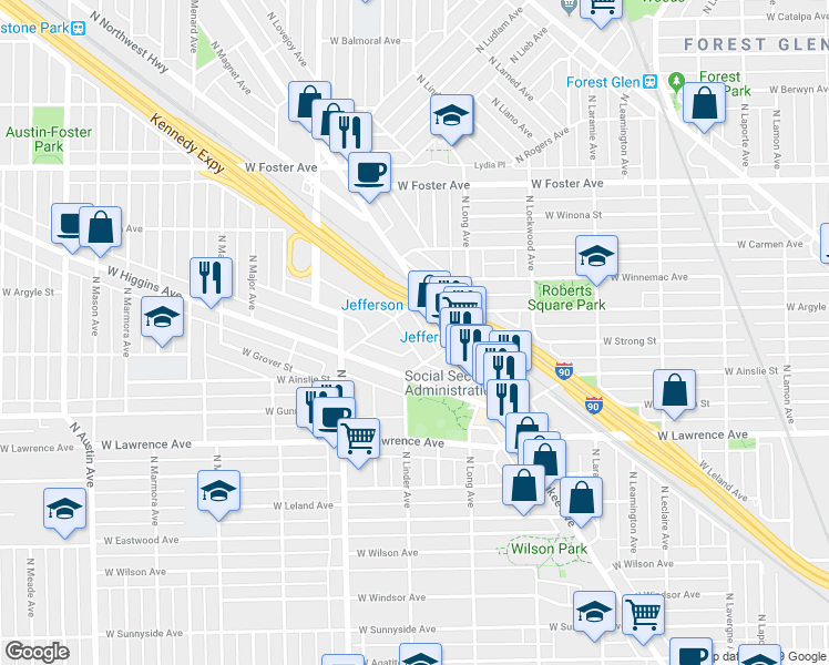 map of restaurants, bars, coffee shops, grocery stores, and more near 5457 West Edmunds Street in Chicago