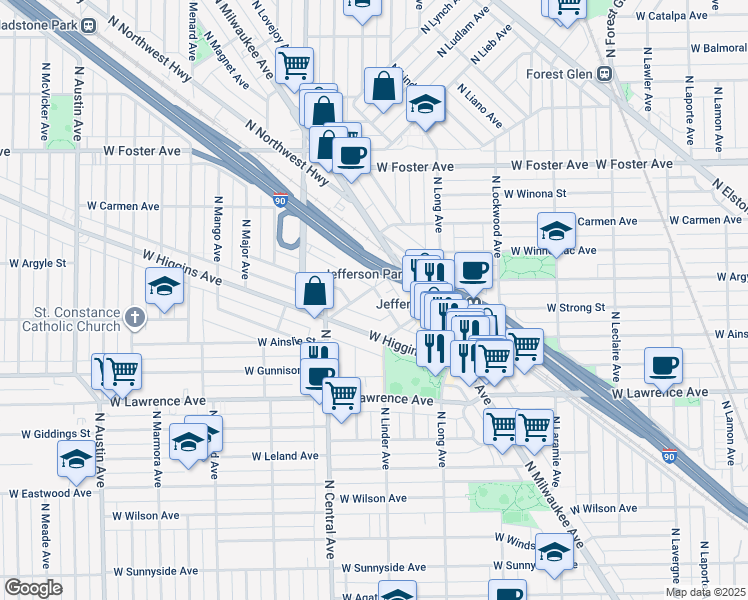 map of restaurants, bars, coffee shops, grocery stores, and more near 5457 West Edmunds Street in Chicago