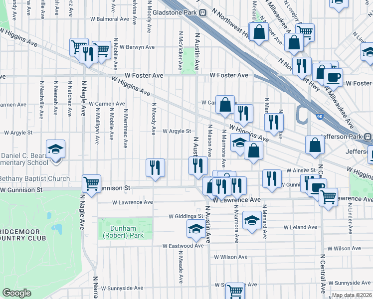 map of restaurants, bars, coffee shops, grocery stores, and more near 4940 North Austin Avenue in Chicago