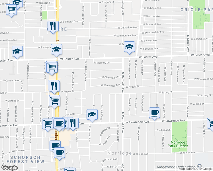 map of restaurants, bars, coffee shops, grocery stores, and more near 8111 West Charmaine Road in Norridge