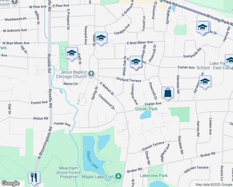 map of restaurants, bars, coffee shops, grocery stores, and more near 613 Banbury Court in Roselle