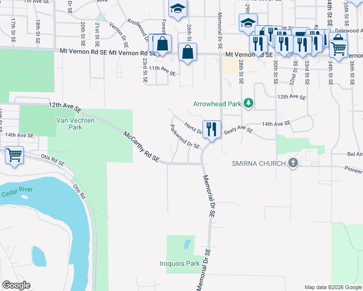 map of restaurants, bars, coffee shops, grocery stores, and more near 1400-1420 Parkwood Drive Southeast in Cedar Rapids