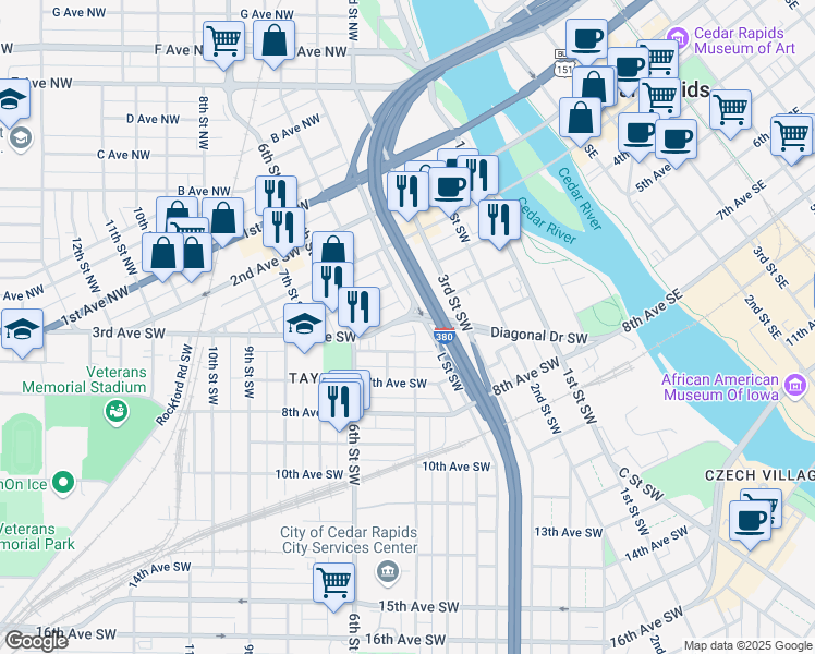 map of restaurants, bars, coffee shops, grocery stores, and more near 418 4th Street Southwest in Cedar Rapids
