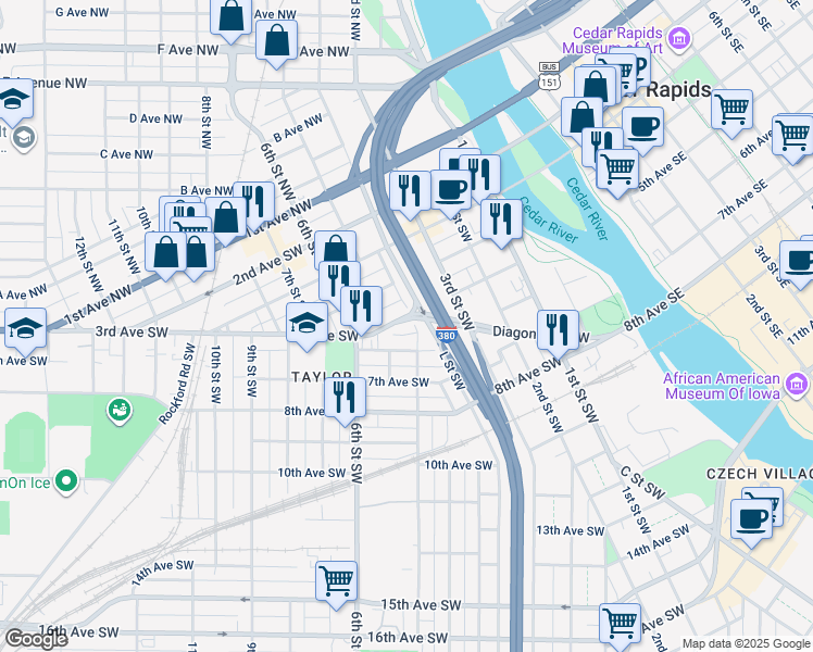 map of restaurants, bars, coffee shops, grocery stores, and more near 418 4th Street Southwest in Cedar Rapids