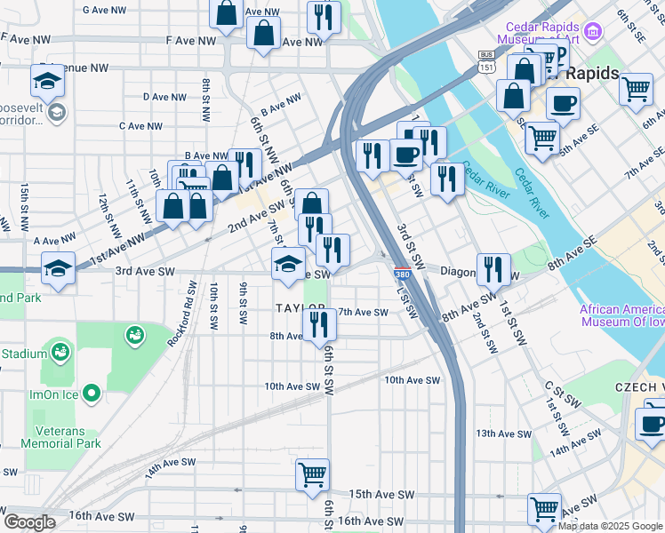 map of restaurants, bars, coffee shops, grocery stores, and more near 441 4th Avenue Southwest in Cedar Rapids