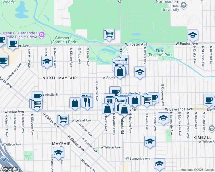 map of restaurants, bars, coffee shops, grocery stores, and more near 4949 North Karlov Avenue in Chicago
