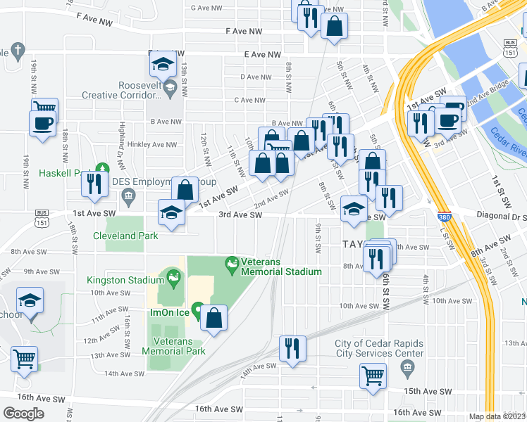 map of restaurants, bars, coffee shops, grocery stores, and more near 1028 3rd Avenue Southwest in Cedar Rapids