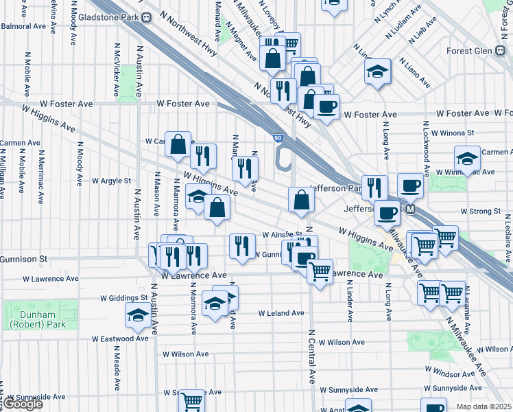 map of restaurants, bars, coffee shops, grocery stores, and more near 5712 West Higgins Avenue in Chicago