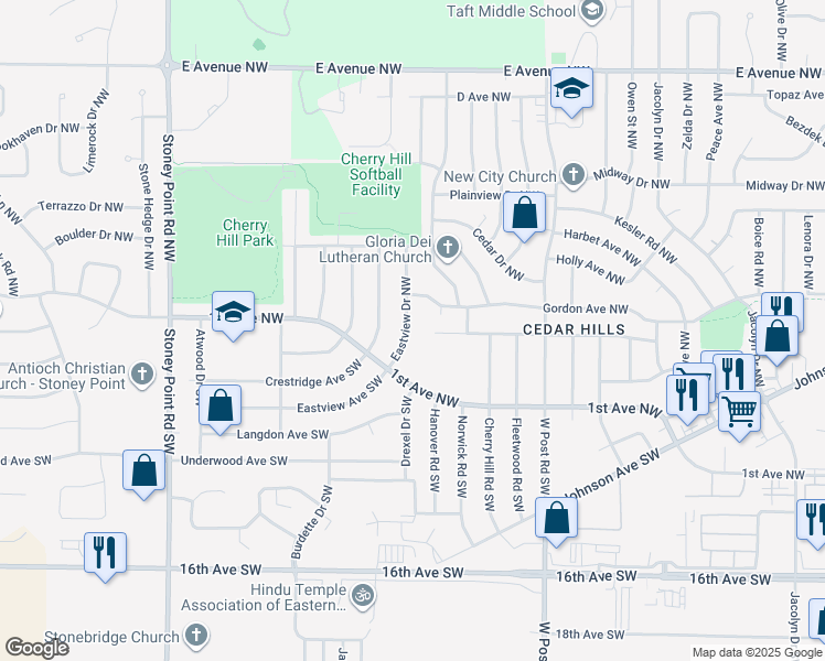 map of restaurants, bars, coffee shops, grocery stores, and more near 135 Eastview Drive Northwest in Cedar Rapids