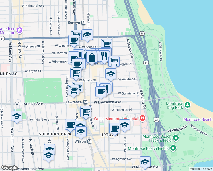 map of restaurants, bars, coffee shops, grocery stores, and more near 1111 West Ainslie Street in Chicago