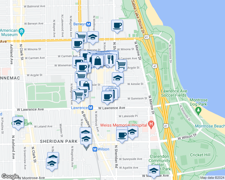 map of restaurants, bars, coffee shops, grocery stores, and more near 1111 West Ainslie Street in Chicago