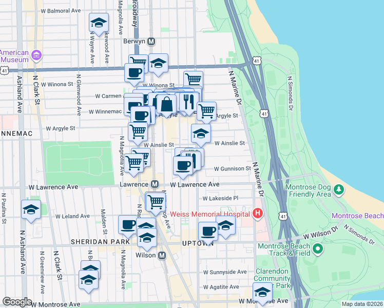 map of restaurants, bars, coffee shops, grocery stores, and more near 1111 West Ainslie Street in Chicago