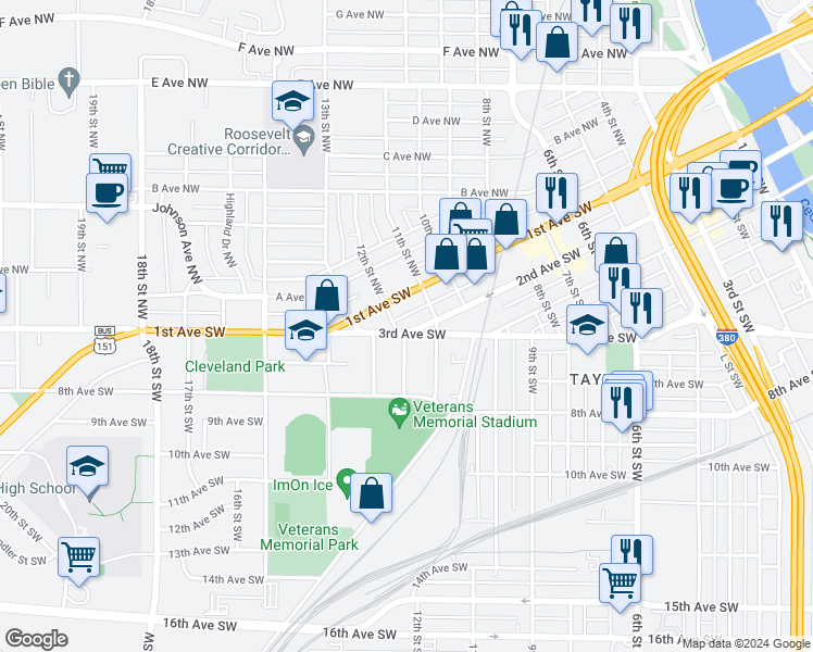 map of restaurants, bars, coffee shops, grocery stores, and more near 1128 2nd Avenue Southwest in Cedar Rapids