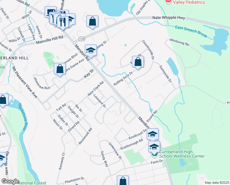 map of restaurants, bars, coffee shops, grocery stores, and more near 1 Rolling Acres Drive in Cumberland