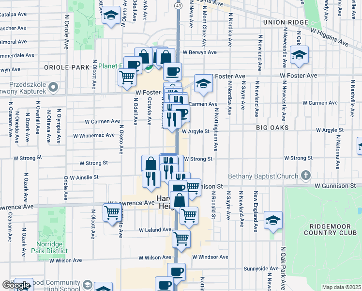 map of restaurants, bars, coffee shops, grocery stores, and more near 4951 Illinois 43 in Harwood Heights