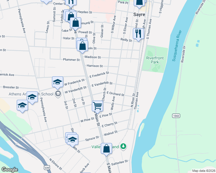 map of restaurants, bars, coffee shops, grocery stores, and more near 201-299 East Vanderbilt Street in Athens